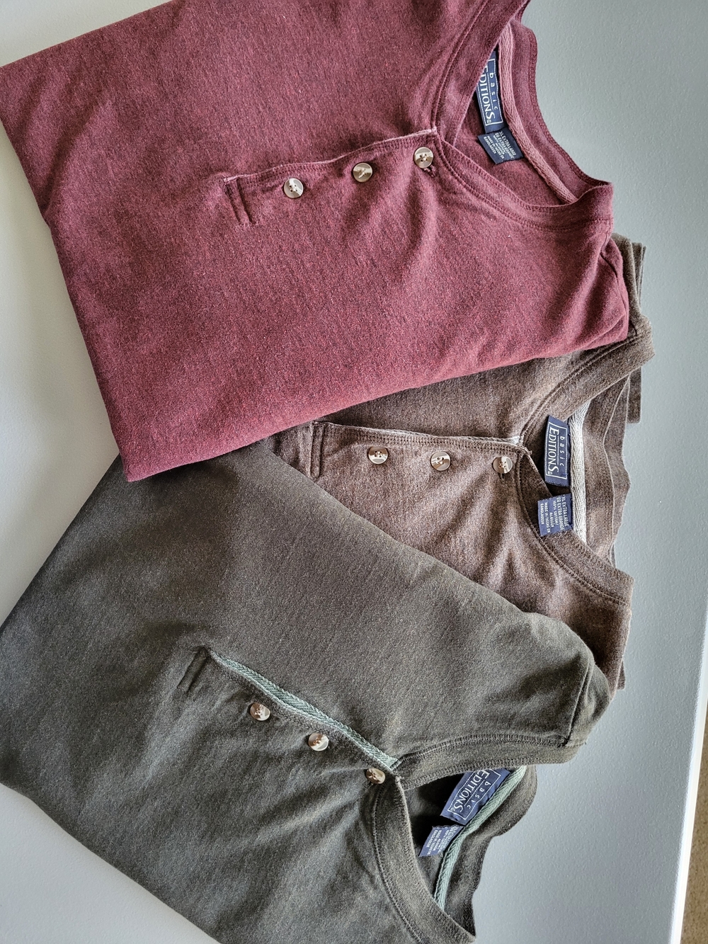 Basic Editions Men’s Crewneck Henley Sweaters - Burgundy, Brown, Olive